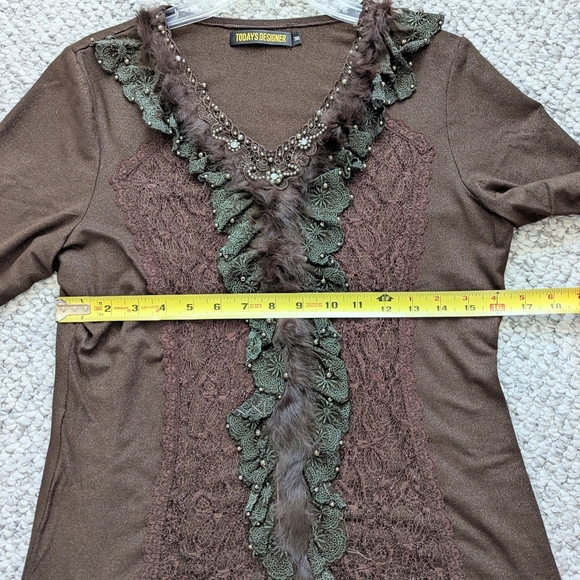 Women's Brown V-Neck Sweater with Beading Faux-Fur & Lace Detailing - Picture 12 of 16